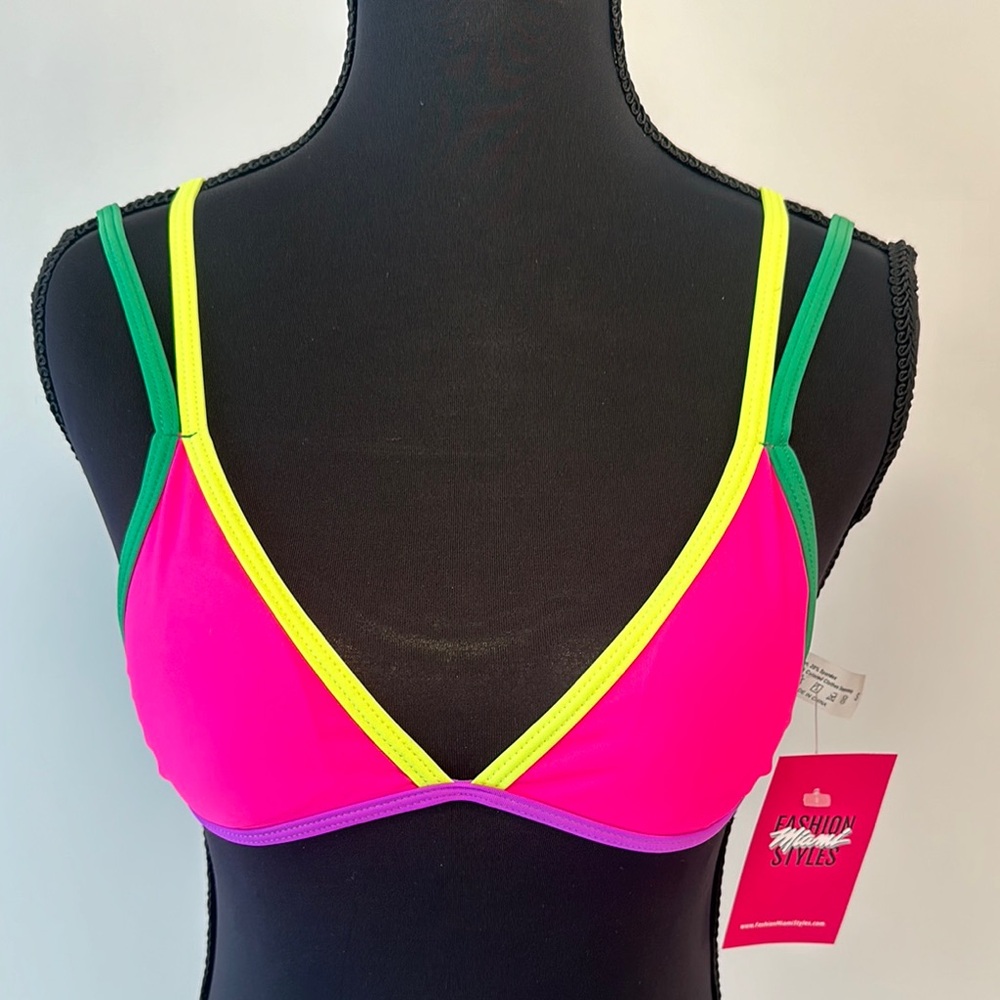 Pink and Green Bikini with Bold Color-Blocking Design
